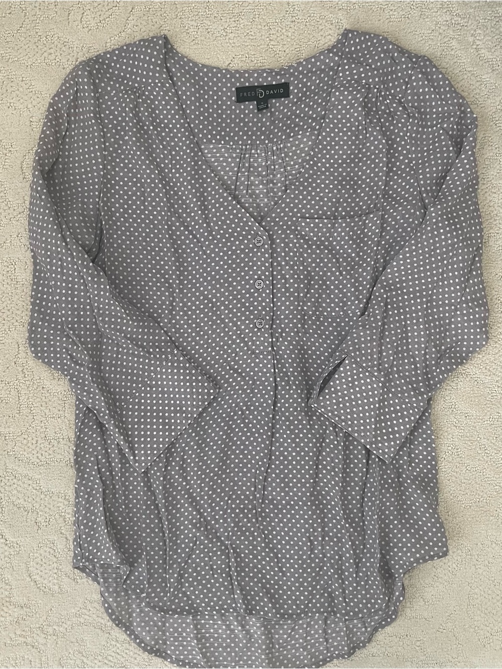 Fred David Gray Polka Dot V-Neck Button Blouse -size S